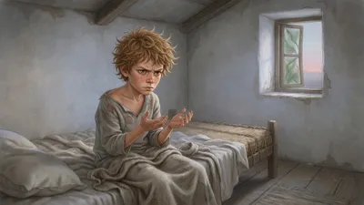 A boy sits up in bed at dawn staring at his open hands with a puzzled frown.