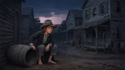 A boy in oversized castoff clothes crouches beside a large barrel at night watching a dark alley opposite a tavern.