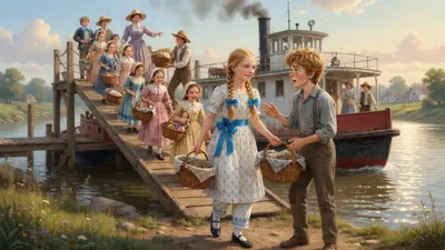 Children in Sunday clothes carry baskets up a gangplank onto a steam ferryboat while a boy talks earnestly to a girl in a white frock.