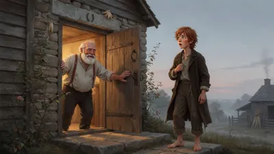 An old bearded man holds a lamplit farmhouse door open at dawn while a ragged barefoot boy stands on the step looking astonished.