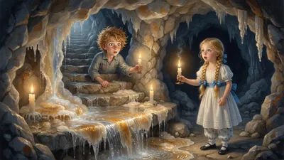 Two children with candles stand before a glittering stone formation in a cave; one leans out from behind it revealing a hidden stairway.
