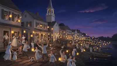 Half-dressed villagers pour into a street at midnight with lanterns, pans and horns, all hurrying toward the river.