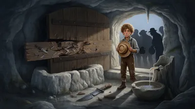 Inside a cave doorway lie a broken knife and a beam scored with knife marks, with a hollowed stone beneath a dripping ceiling and figures silhouetted in the entrance.