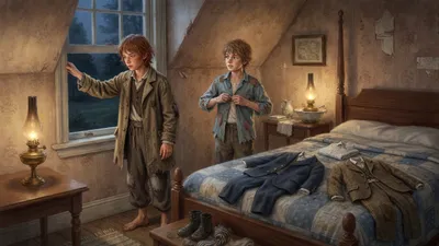A ragged boy stands at a bedroom window measuring the drop while another boy behind him starts to wash, with new clothes laid out on the bed.