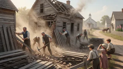 Grown men in shirtsleeves pull apart an old abandoned house with picks and spades while children watch from a fence.