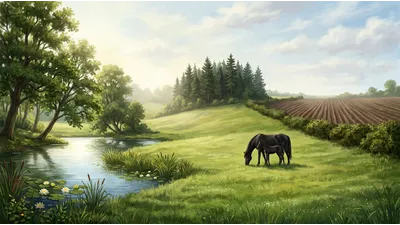 A wide sunlit meadow with a pond and trees, where a black mare grazes beside her very young black foal.