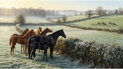 Young horses and a black mare press against a hedge, watching distant riders and hounds gallop across frosty fields.