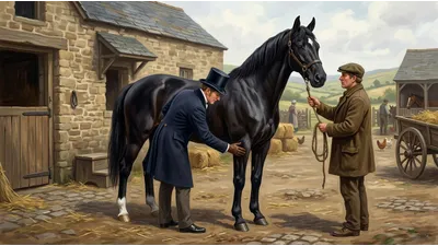A gentleman examines the leg of a tall black horse held by a farmer in a stone farmyard.