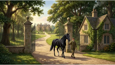 A groom leads a tall black horse through a stone gateway onto a tree-lined drive leading to a distant country house.
