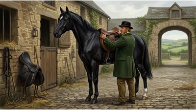 A coachman in a dark-green coat carefully fits a saddle to a tall black horse in a cobbled stable yard.