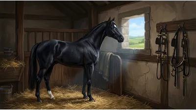 A tall black horse in a clean stall turns his head toward a small window showing a bright green field outside.