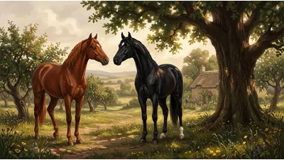 A chestnut mare with wary eyes talks to an attentive black horse in the shade of an orchard tree.