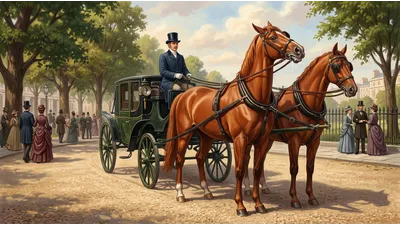 Two chestnut carriage horses stand with heads strapped unnaturally high by tight check-reins before an ornate town carriage.