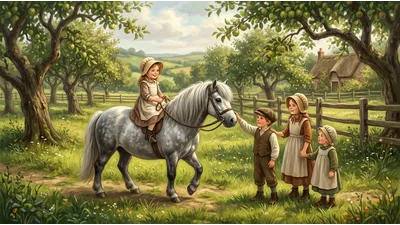 A small dapple-grey pony carefully carries a young girl through an orchard while other children wait their turn.