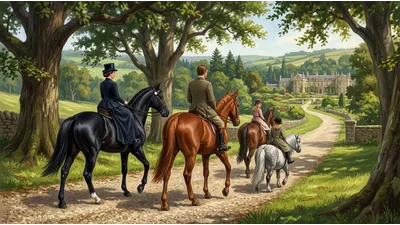 A lady on a black horse and a gentleman on a chestnut mare ride down a tree-lined drive followed by two girls on an old horse and a grey pony.