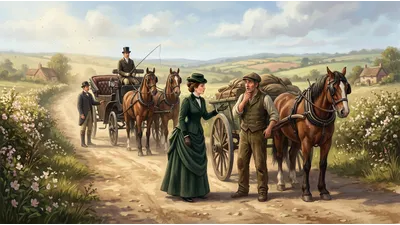 A well-dressed lady stands in a country lane speaking to a carter beside a laden cart whose horse has its head strapped high.