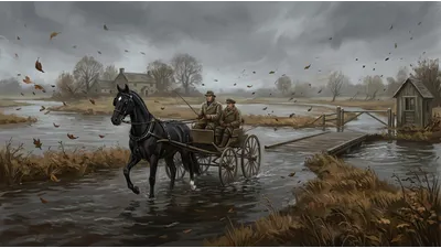 A dog-cart drawn by a black horse wades through floodwater on a country road near a low wooden bridge.