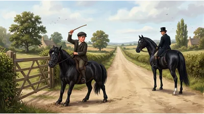 A boy on a small black pony hauls its head round beside a tall gate while a coachman on a black horse watches from down the road.