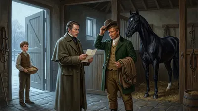 A gentleman with a letter speaks gravely to a coachman in a stable while a young lad holds a measure of oats and a black horse listens.