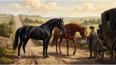 A carriage stands angled across a hill road while a young coachman rests a black horse and a chestnut mare at their heads.