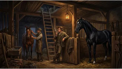 A young man with a lit pipe leans against a stall in a lantern-lit stable below an open trapdoor to a hayloft.