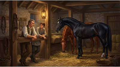 A coachman and a young lad talk in a snug lamplit stable while a black horse and a chestnut mare feed behind them.