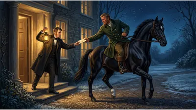 A gentleman with a lamp hands a note to a mounted coachman on a black horse outside a lit house at night.