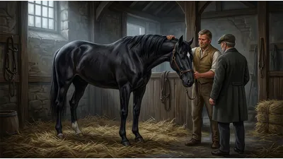 A horse-doctor stands beside a dull-coated black horse with its head hanging while a coachman steadies its head.