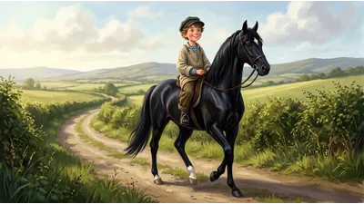 A small boy in a stable smock rides a tall black horse along a country road on a bright morning.