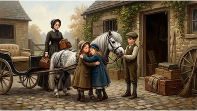 Two girls in bonnets hug a small dapple-grey pony harnessed to a chaise in a stable yard stacked with luggage.