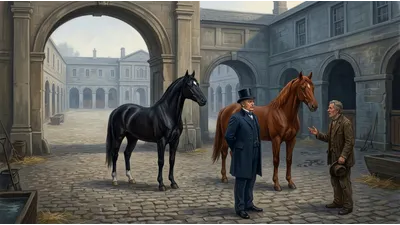 A travel-stained coachman speaks earnestly to a well-dressed coachman beside a black horse and a chestnut mare in a large stable yard.