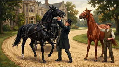 A coachman shortens the check-rein of a black carriage horse while a groom holds a restless chestnut mare beside him.