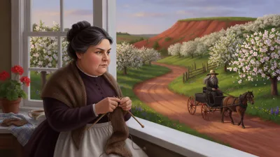 A stout elderly woman with gray-streaked hair in a bun, a knitted brown shawl, and a white apron knits at a sunny kitchen window overlooking a red country road, where a bearded man drives a buggy up a blossom-lined hill in the distance.