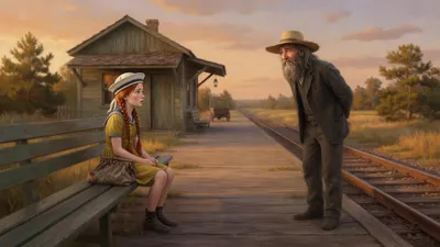 On an empty evening train platform, a bearded older man approaches a small red-haired girl in a faded dress sitting on shingles with an old carpet-bag.