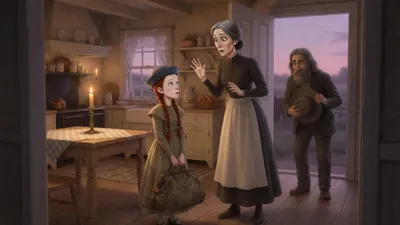 In a candlelit farmhouse kitchen, a stern gray-haired woman freezes in surprise facing a small red-haired girl with a carpet-bag; behind the girl a bearded man stands hatless, holding his single hat in both hands.