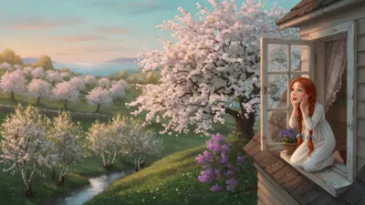 A red-haired girl in a nightgown kneels joyfully at an attic window beside a cherry tree covered in white blossoms, orchards and a distant sea beyond.