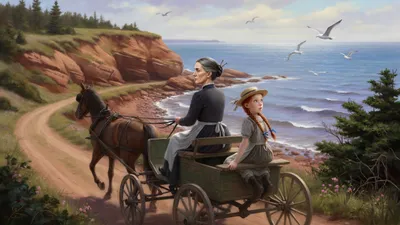 A buggy carrying a red-haired girl gazing at the sea and a stern older woman driving travels a shore road beside red cliffs, gulls over blue water.