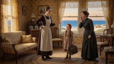 In a sunny parlor of a yellow seaside farmhouse, a tall stern gray-haired woman tells a distressed older hostess they sent for a boy, while a thin red-haired girl in two braids stands by looking anxious.