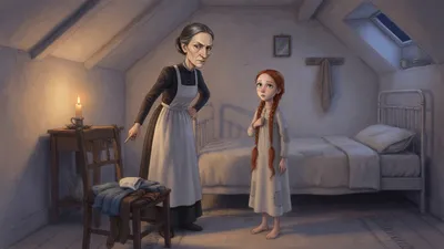A stern older woman gestures toward a chair while a red-haired girl in a nightgown listens in a plain candlelit attic bedroom.