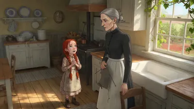 In a sunlit farmhouse kitchen, a tall stern woman speaks the news that they will keep her, while a thin red-haired girl in two braids clasps her hands and cries with bewildered joy.