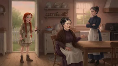 In a tidy farmhouse kitchen, a stout elderly woman in a brown shawl inspects a thin hatless red-haired girl just in from the orchard, while a tall stern woman looks on.