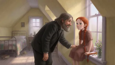 A stooped bearded old man tiptoes in and whispers kindly to a red-haired girl seated by a window in a plain bedroom.