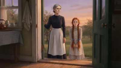 A tall stern woman and an anxious red-haired girl stand at the sunlit kitchen door of a farmhouse.