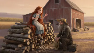 A red-haired girl sits on a woodpile talking animatedly to a bearded elderly farmer in a sunny barnyard.