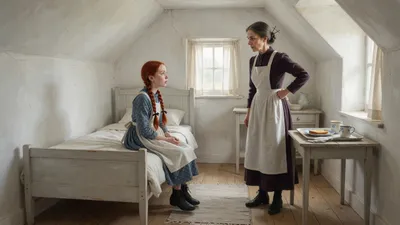In a bare whitewashed gable bedroom, a thin red-haired girl sits primly on the bed delivering an earnest confession to a tall stern woman who has set down a breakfast tray.