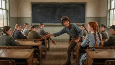 In a one-room 1890s schoolhouse with a blank blackboard, a curly-haired boy in knickerbockers leans across the aisle holding out a red braid belonging to the thin freckled girl beside him, a teasing grin on his face.
