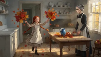 A red-haired girl in an apron carries bright maple branches into a tidy farmhouse kitchen while a stern older woman looks on.