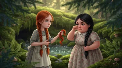A red-haired girl holding scissors and a lock of hair says a tearful goodbye to a black-haired girl beside a mossy spring.