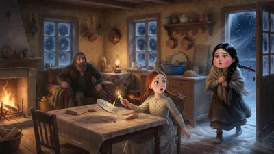 A frightened black-haired girl in a shawl bursts into a firelit kitchen where a startled red-haired girl and a bearded old man react.