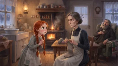 A red-haired girl clasps her hands pleading to a knitting older woman while a bearded man rests on a lounge in a lamplit kitchen.